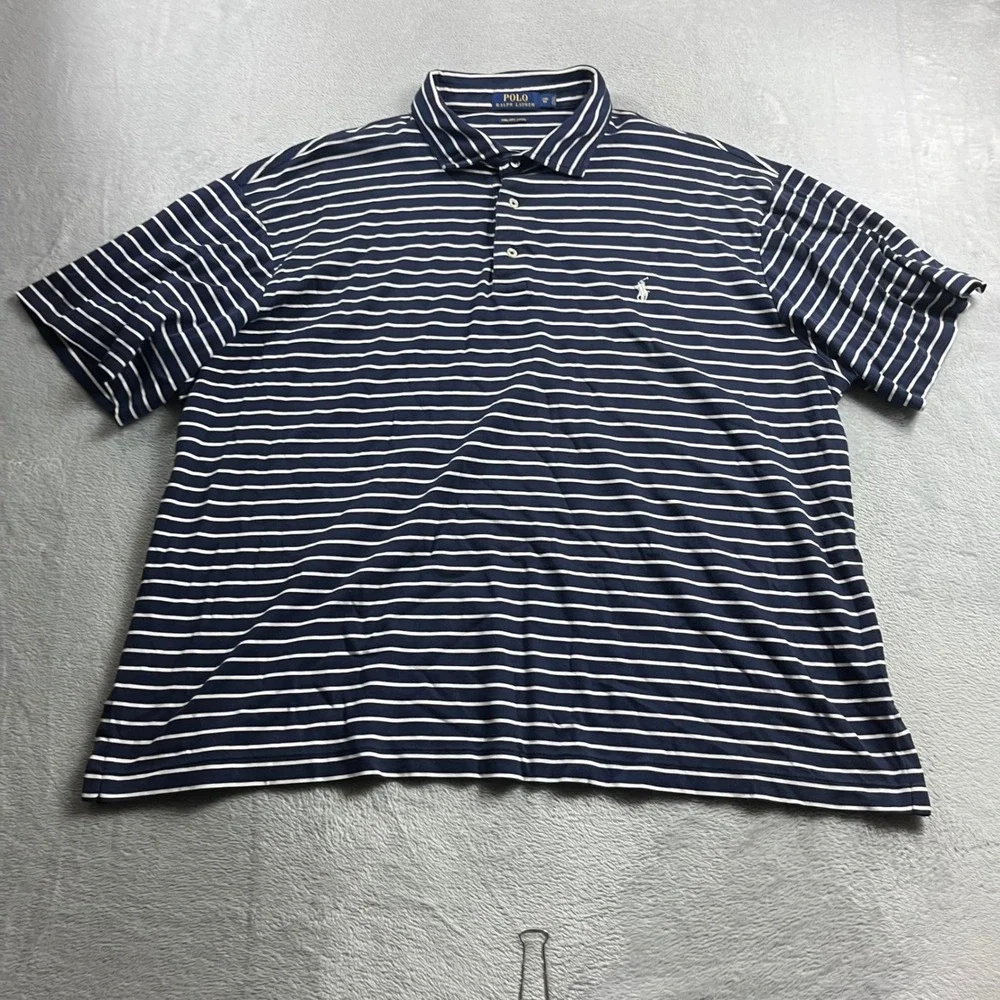 Polo Ralph Lauren Men 2XB Big Navy Blue White Striped Pima Soft Touch Polo Shirt